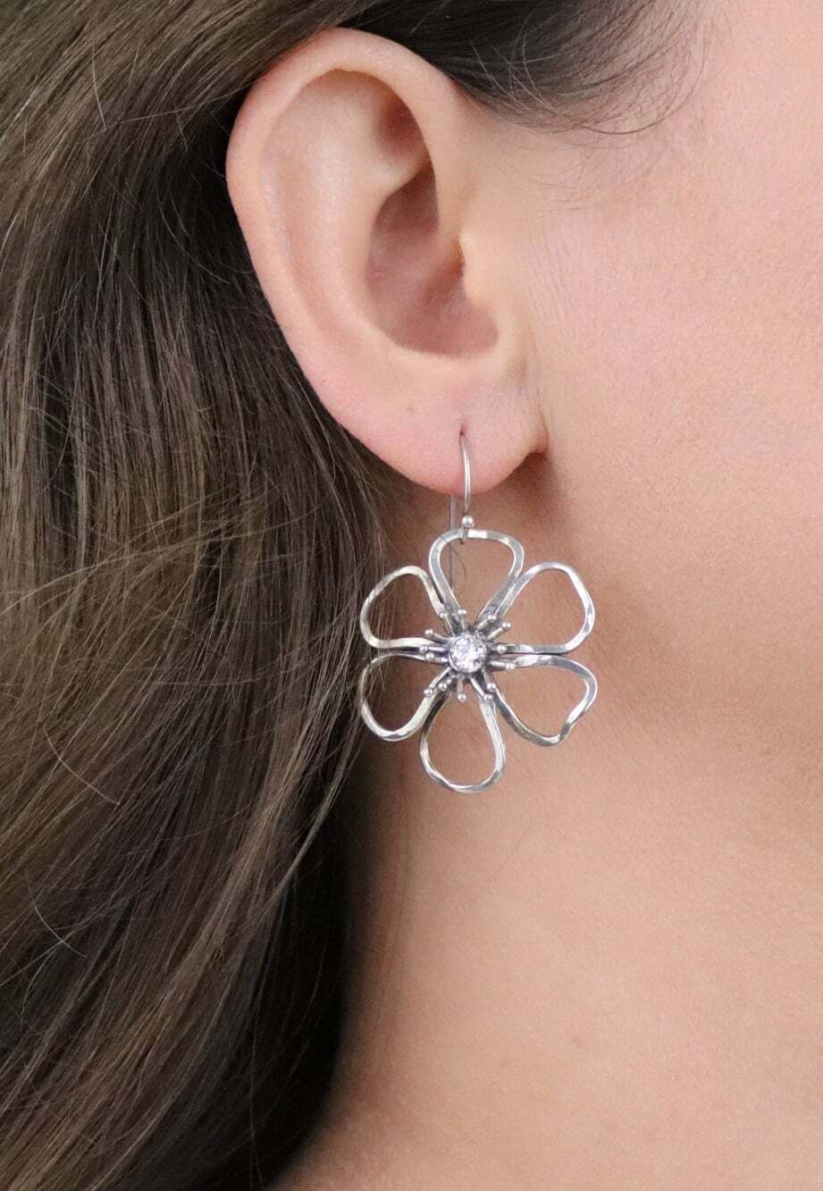 Sterling Silver Cubic Zirconia Flower Earrings Dangle Drop Israel 1 3/4" X 1 1/8 - Picture 4 of 7